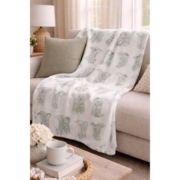 Wrangler Other - Wrangler Western Cowboy Boot Print Plush Throw Blanket Green & White NWT